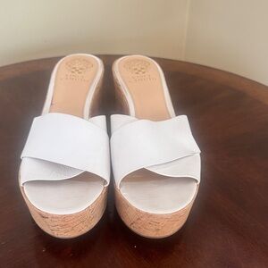 Vince Camuto White Leather Cork Platform Slide Sandals